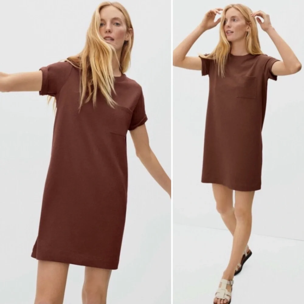 EVERLANE The Organic Cotton Weekend Tee Dress Brown Mini Pocket Short Sleeve NEW